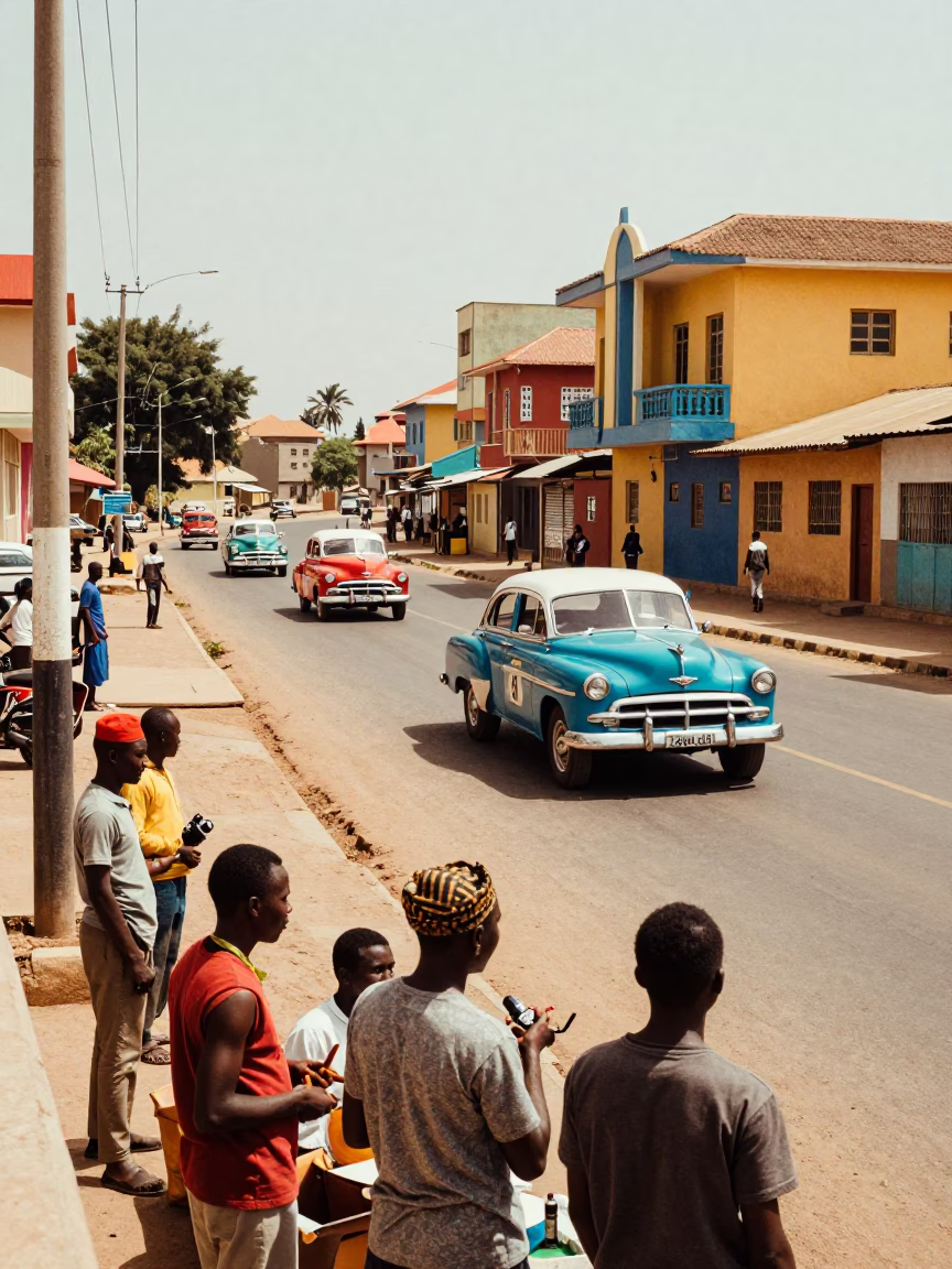 Colorful 1960s Dakar Street Scene with Vintage Car Rally and Local Market Activity in in Dakar, Senegal