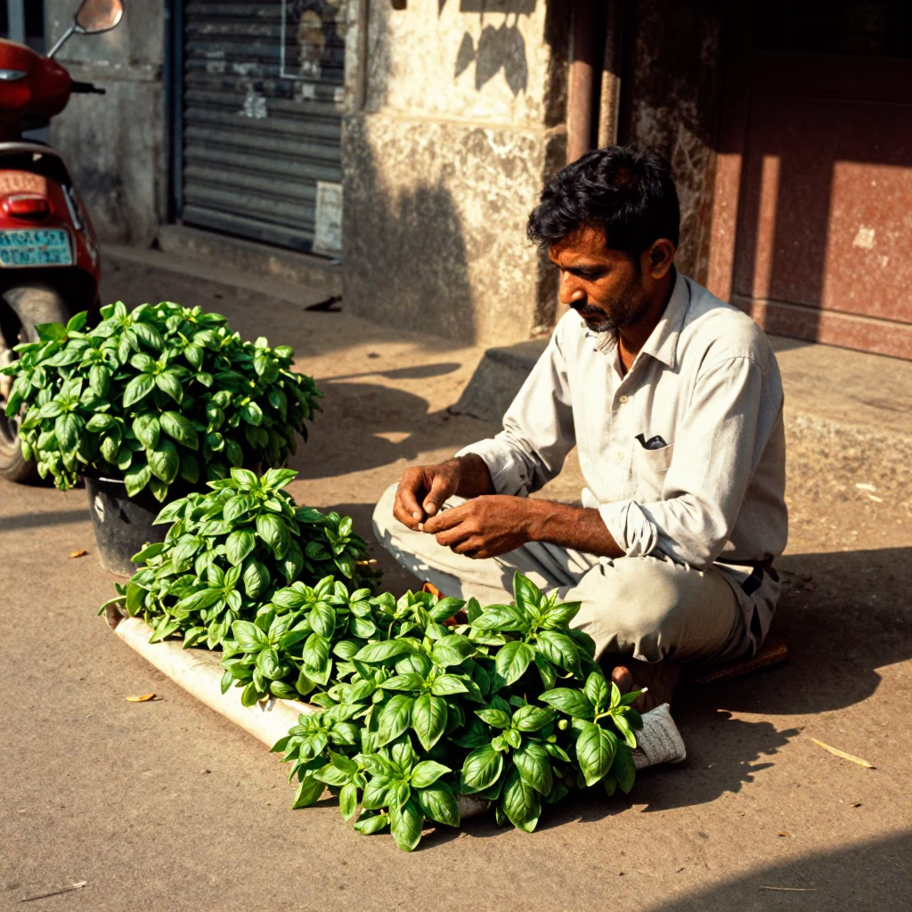 Colorful 1960s Delhi Street Scene with Basil Leaves and Vintage Daily Life Details in in Delhi, India