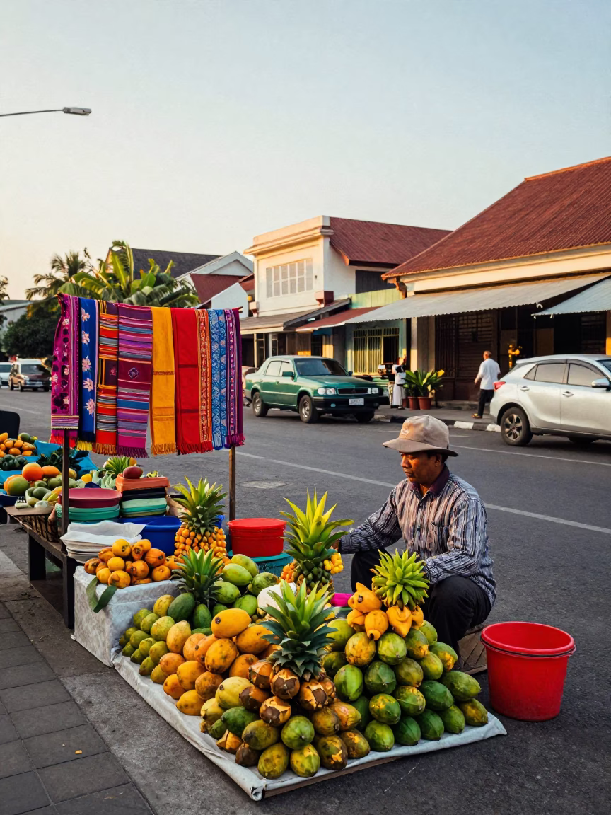 Colorful 1960s Denpasar Street Scene with Local Vendor and Morning Light in in Denpasar, Indonesia