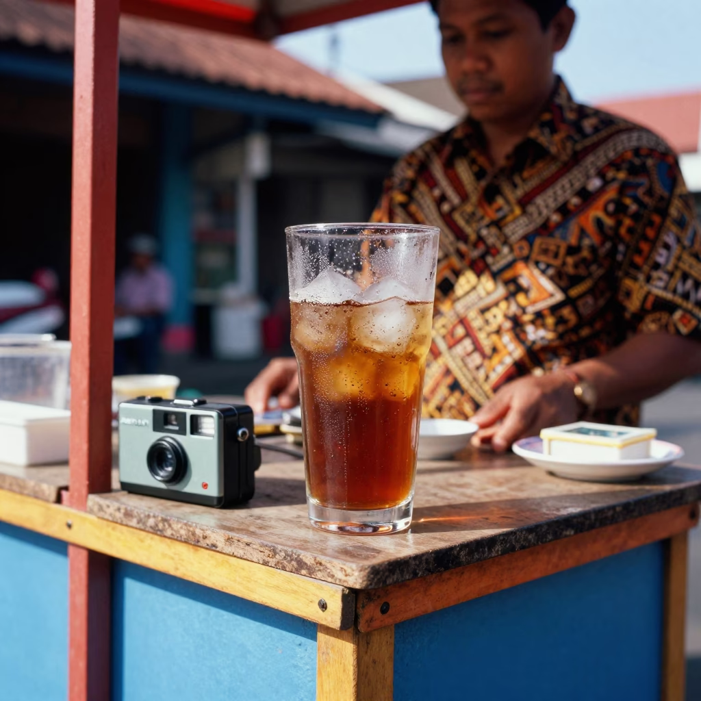 Colorful 1960s Denpasar Street Vendor Serving Condensation Glass in in Denpasar, Indonesia