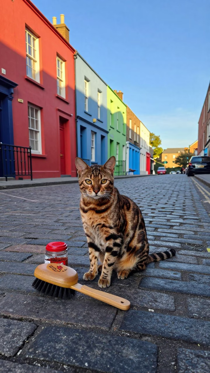 Colorful 1960s Dublin Street Scene with Bengal Cat and Vintage Objects in in Dublin, Ireland