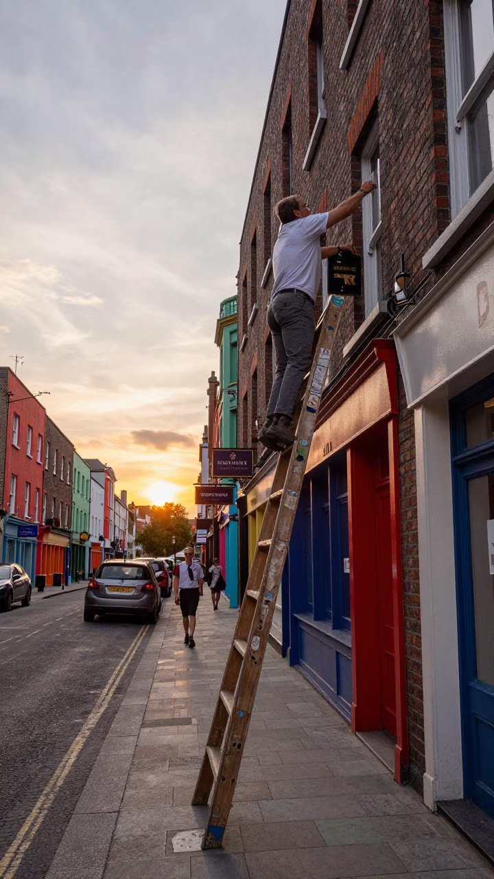 Colorful 1960s Dublin Street Scene with Wooden Ladder and Oyster Dredger Inspiration in in Dublin, Ireland