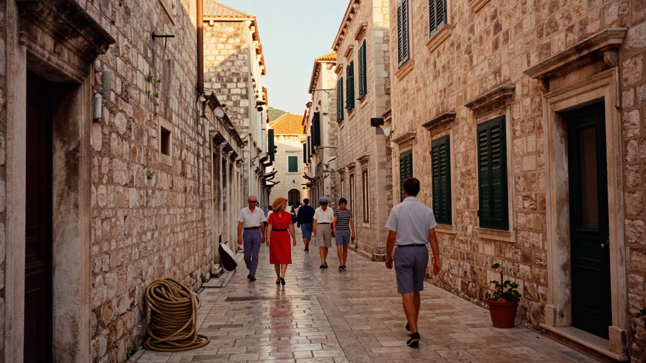 Colorful 1960s Dubrovnik Street Scene with Coiled Rope and Honeyed Evening Light in in Dubrovnik, Croatia