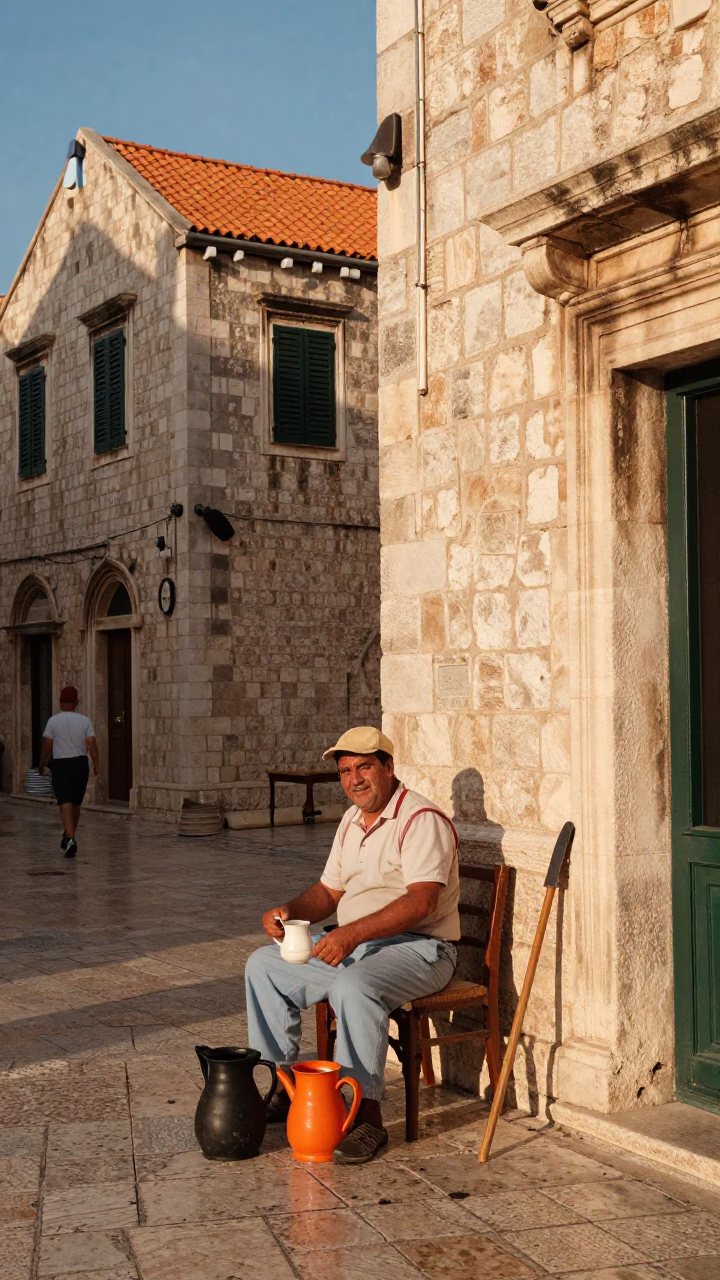 Colorful 1960s Dubrovnik Street Scene with Pitcher and Crowbar in Late Afternoon Light in in Dubrovnik, Croatia