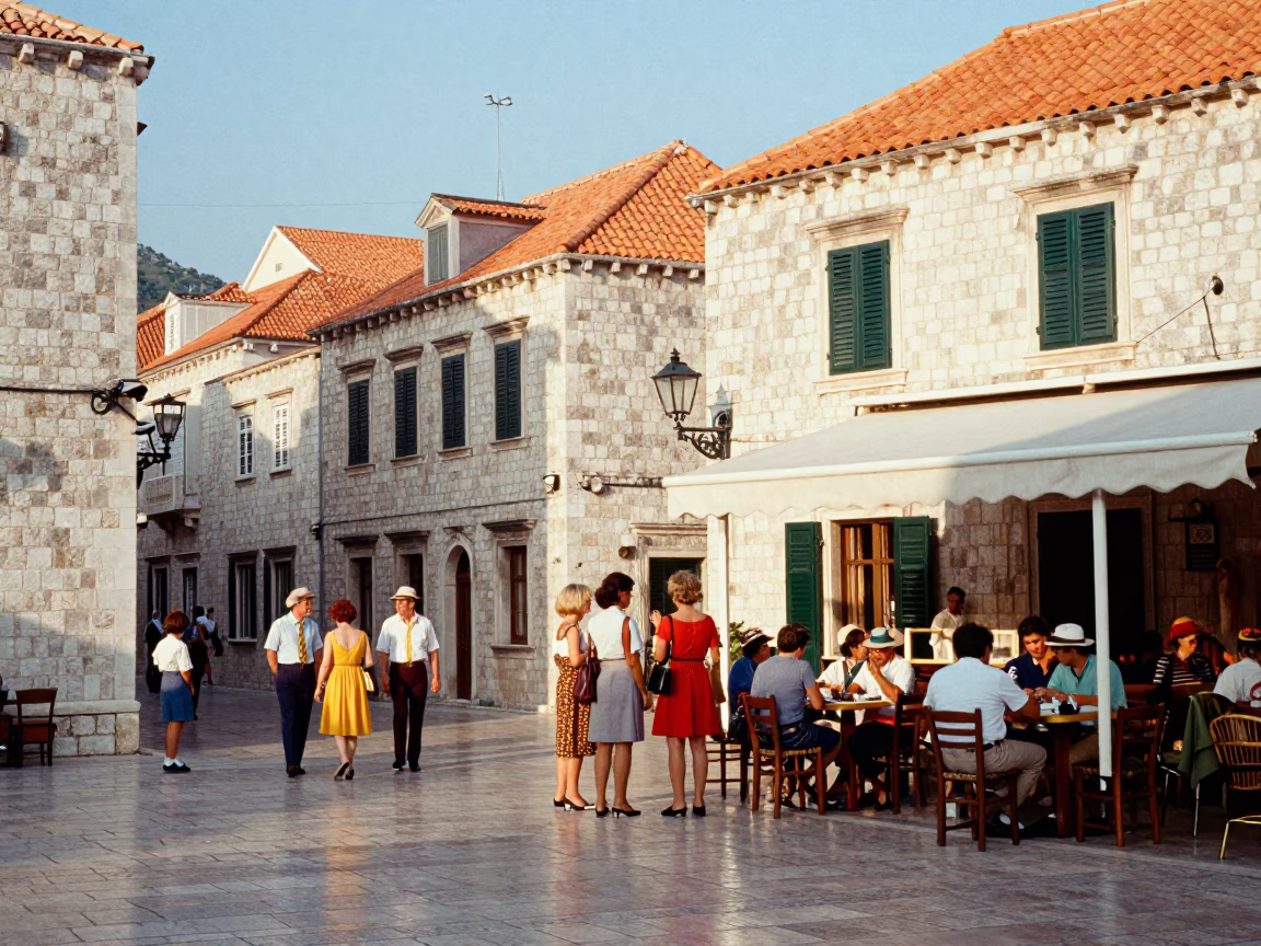 Colorful 1960s Dubrovnik Street Scene with Tourists and Glass Tumblers in in Dubrovnik, Croatia