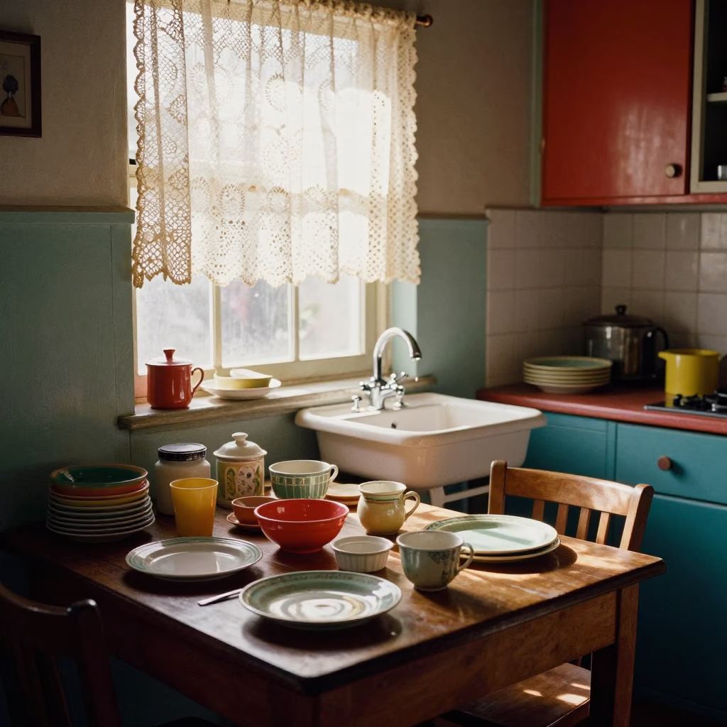 Colorful 1960s Durban Kitchen Scene with Vintage Dishware and Local Life in in Durban, South Africa