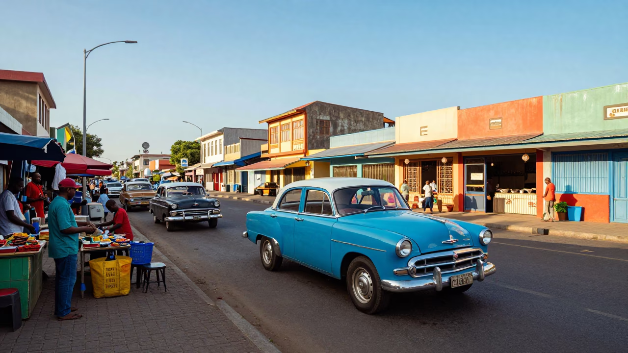 Colorful 1960s Durban Street Scene with Vintage Vehicles and Local Life in in Durban, South Africa