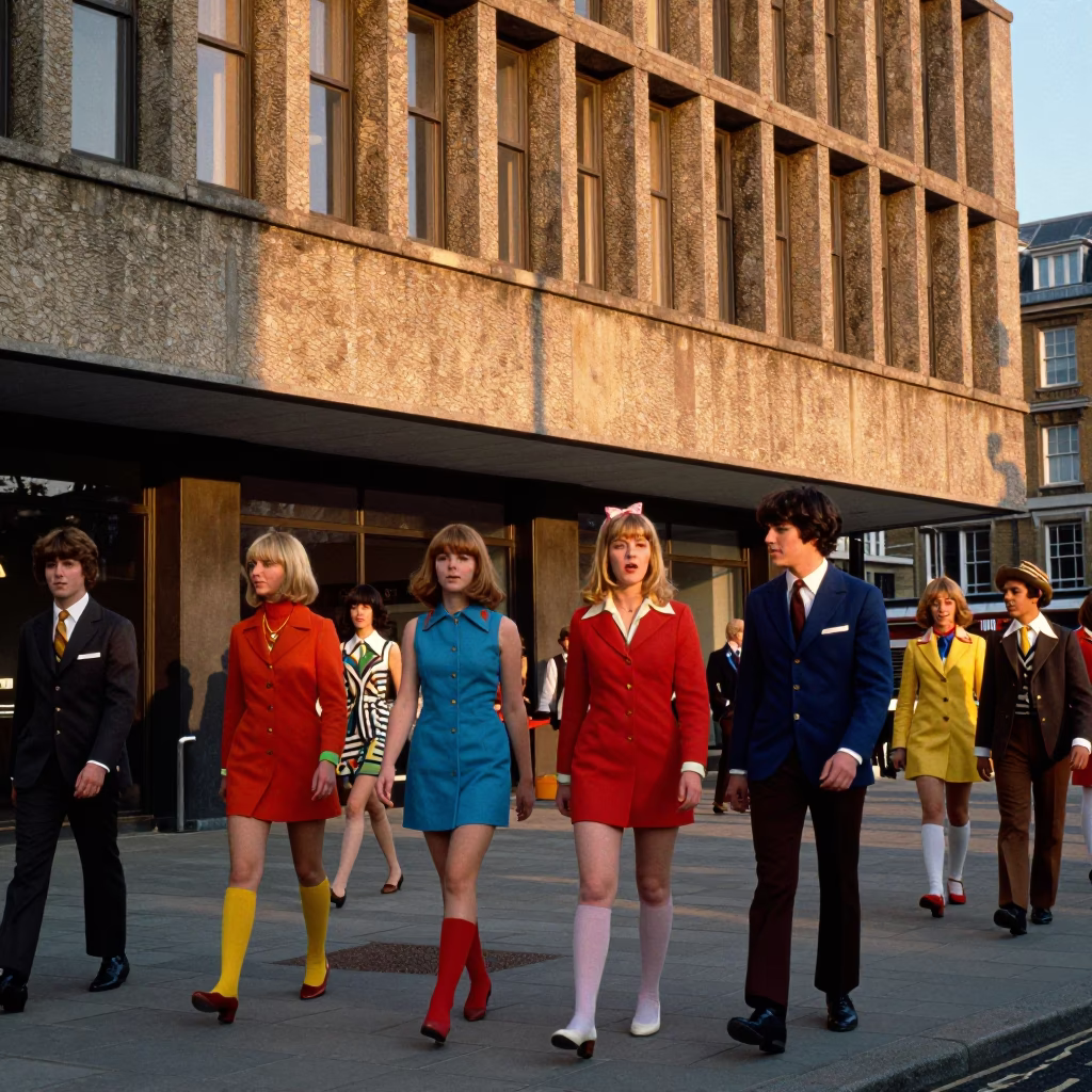 Colorful 1960s Fashion And Brutalist Architecture in London in in London, United Kingdom