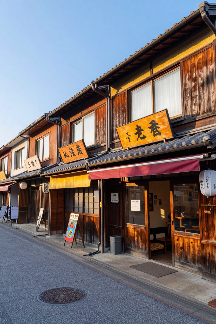 Colorful 1960s Fukuoka Street Scene with Traditional Shopfronts and Local Pedestrians in in Fukuoka, Japan