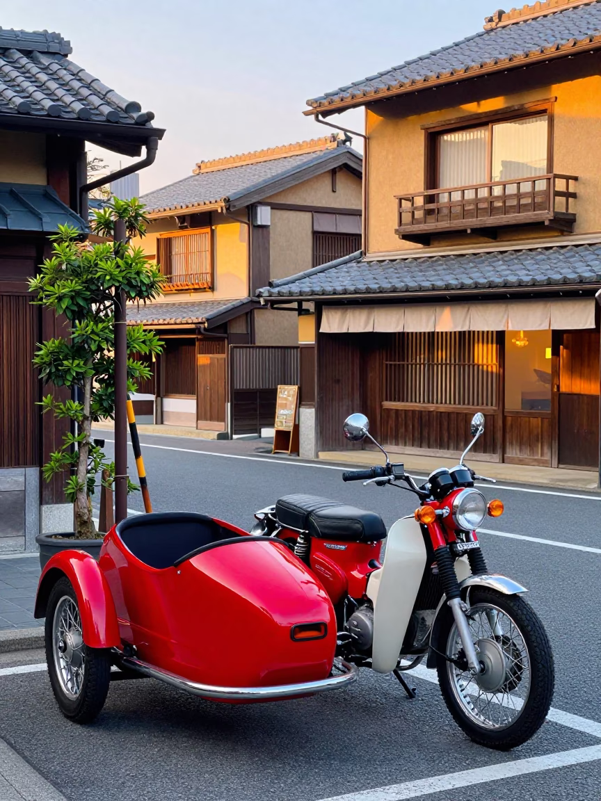 Colorful 1960s Fukuoka Street Scene with Vintage Motorcycle and Traditional Architecture in in Fukuoka, Japan