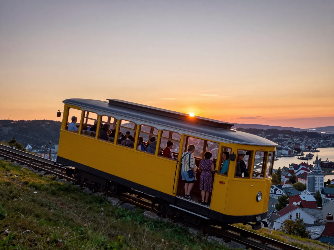 Colorful 1960s Funicular Ride in Bergen Norway Sunset View in in Bergen, Norway