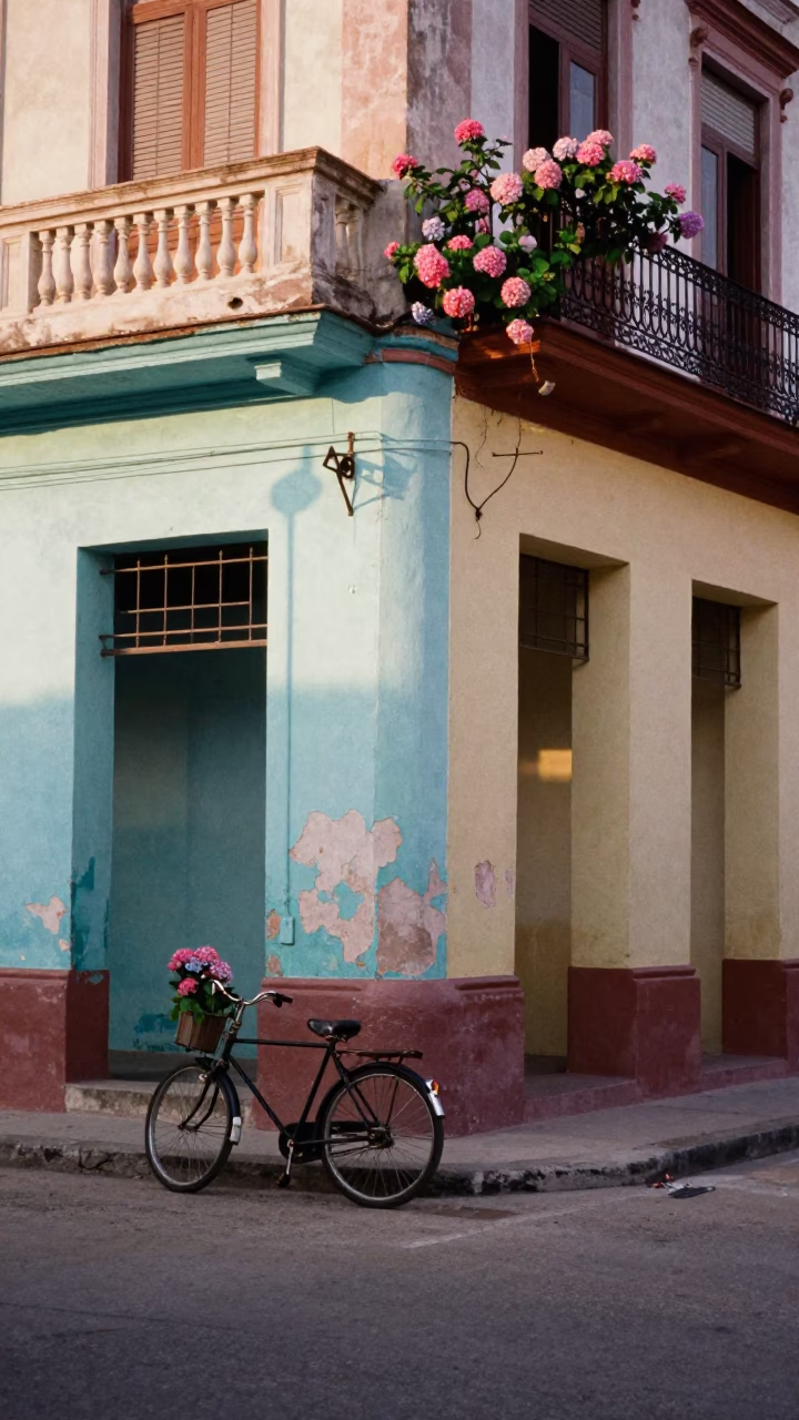 Colorful 1960s Havana Street Scene with Bicycle and Hydrangea Bush at Sunrise in in Havana, Cuba