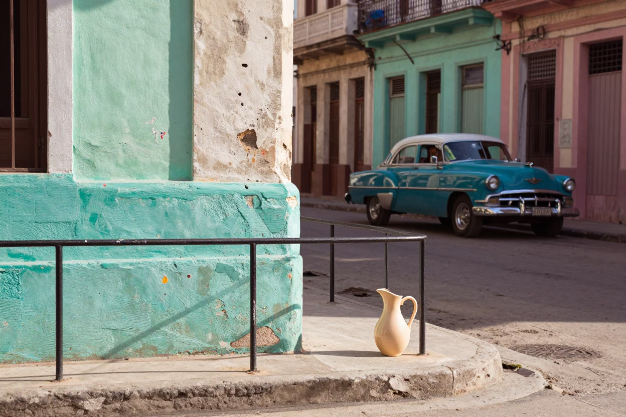 Colorful 1960s Havana Street Scene with Ceramic Pitcher and Paint Flecks on Rail in in Havana, Cuba