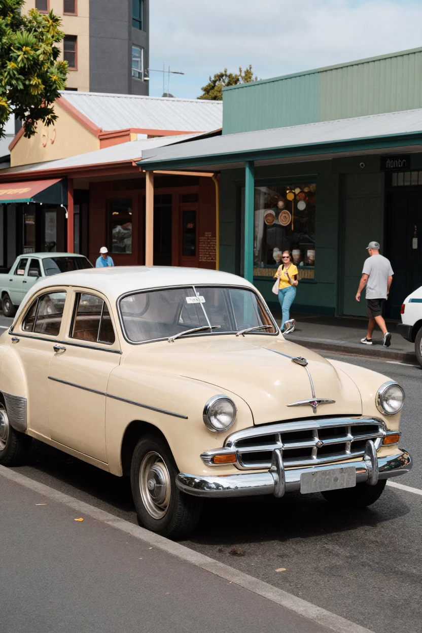 Colorful 1960s Hobart Street Scene with Vintage Car and Pedestrians in Late Morning Light in in Hobart, Tasmania, Australia