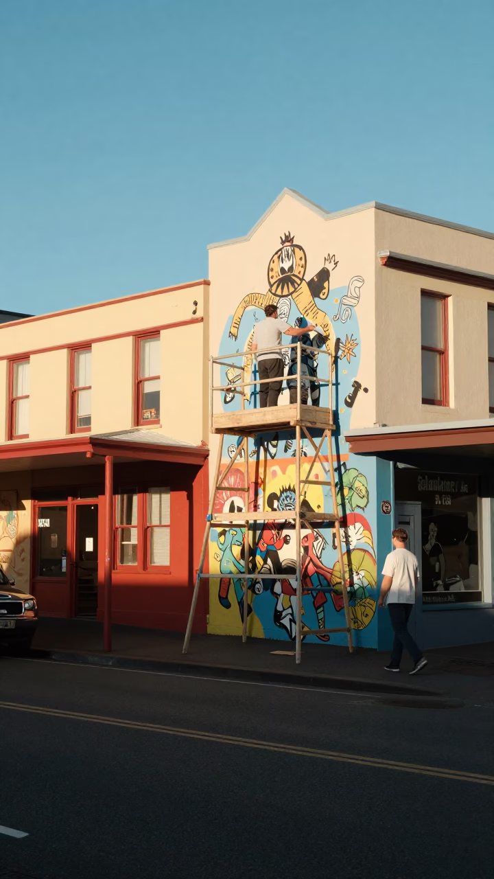Colorful 1960s Hobart Street Scene with Vintage Muralist Samples and Local Architecture in in Hobart, Tasmania, Australia