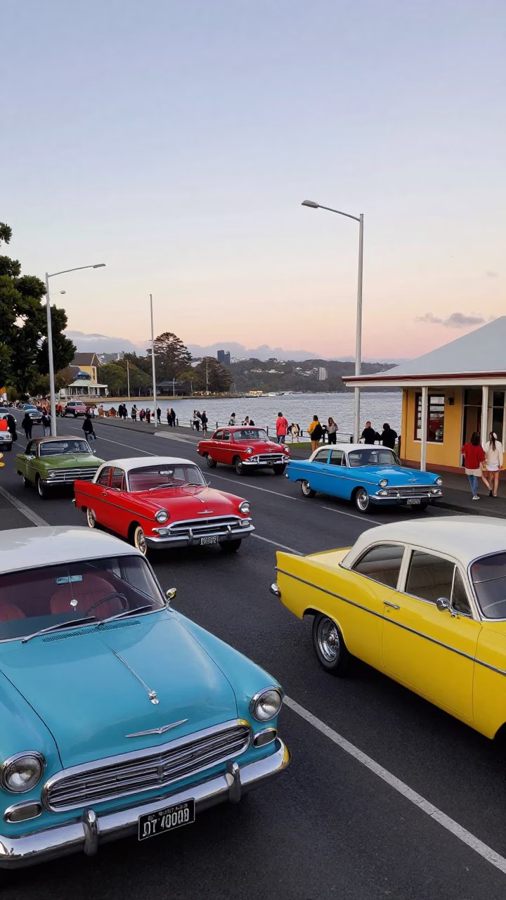 Colorful 1960s Hobart Tasmania Evening Street Scene with Vintage Cars and Pedestrians in in Hobart, Tasmania, Australia