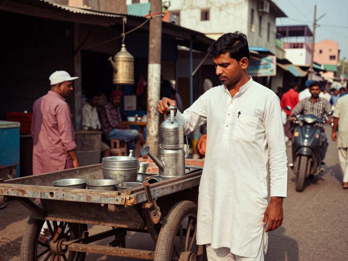 Colorful 1960s Hyderabad Street Scene with Watering Bottle and Local Life in in Hyderabad, India