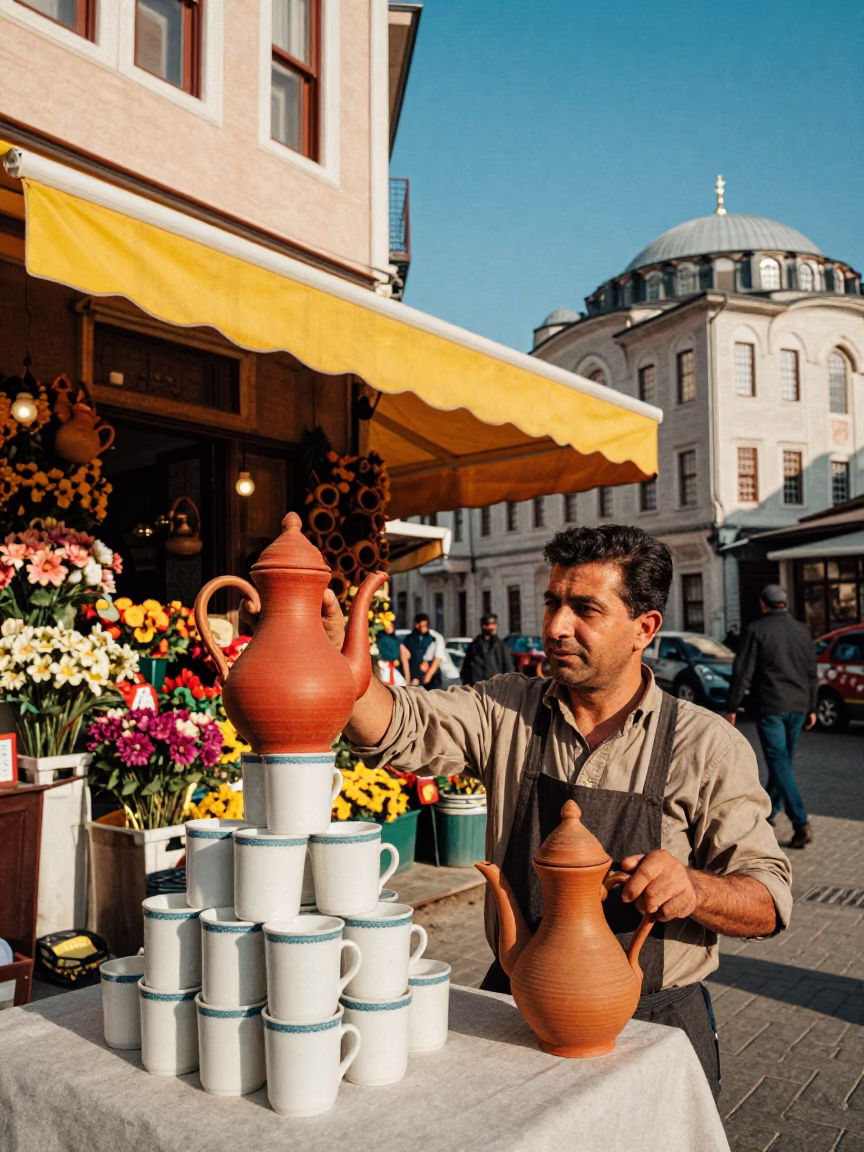 Colorful 1960s Istanbul Street Scene with Clay Teapot and Turkish Coffee Foam in in Istanbul, Turkey