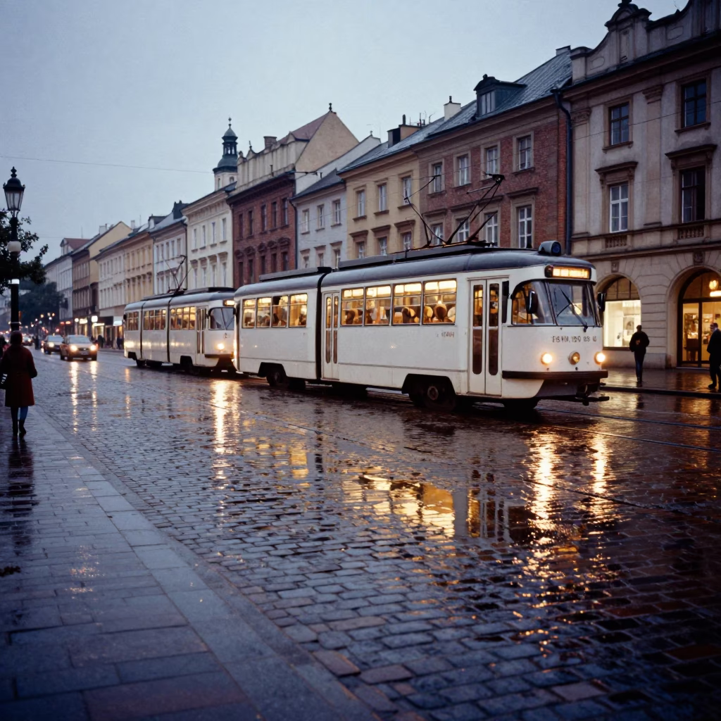 Colorful 1960s Krakow Evening Tram Reflection on Wet Cobblestones in in Krakow, Poland