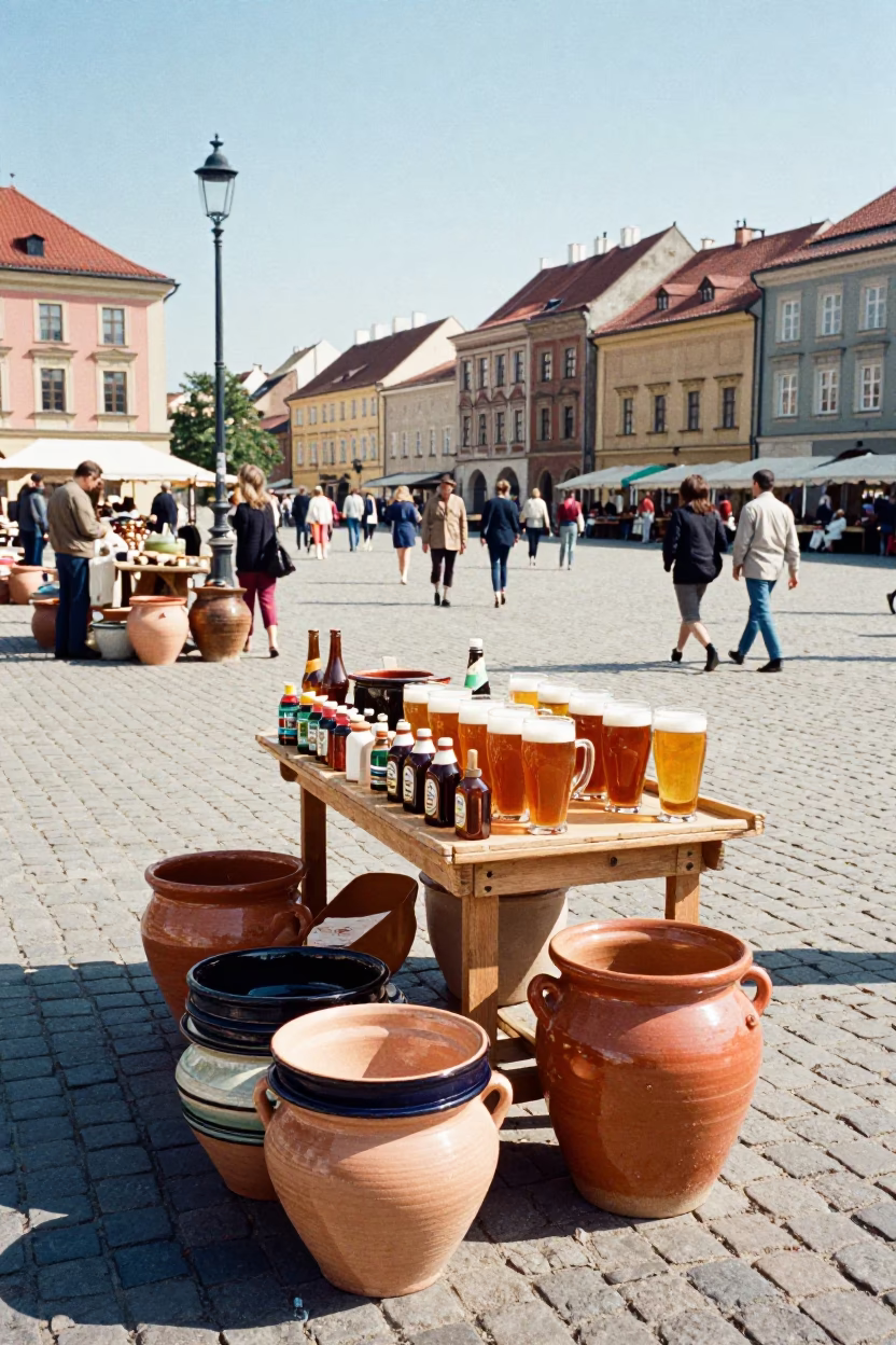 Colorful 1960s Krakow Market Stall with Stoneware Crocks and Busy Polish Vendors in in Krakow, Poland
