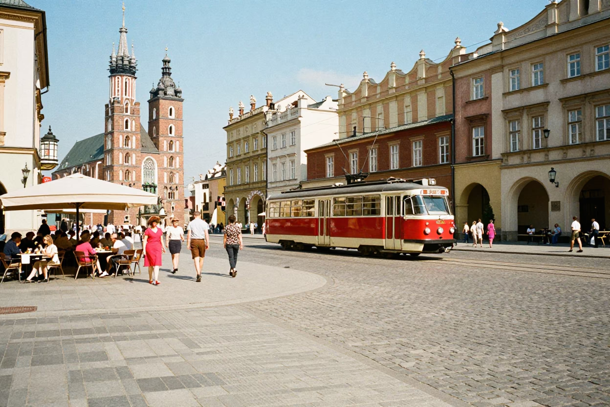 Colorful 1960s Krakow Street Scene with Vintage Trams and Local Market Activity in in Krakow, Poland