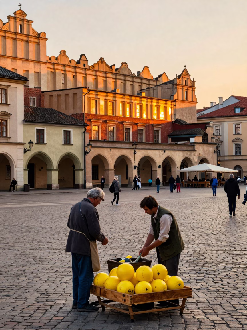 Colorful 1960s Krakow Street Scene with Wooden Tray and Fishing Floats at Sunset in in Krakow, Poland