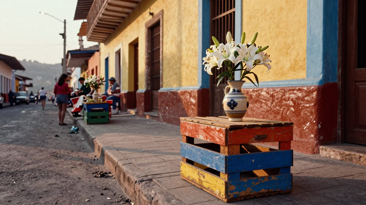 Colorful 1960s Lima Street Scene with Painted Crate and Morning Light in in Lima, Peru
