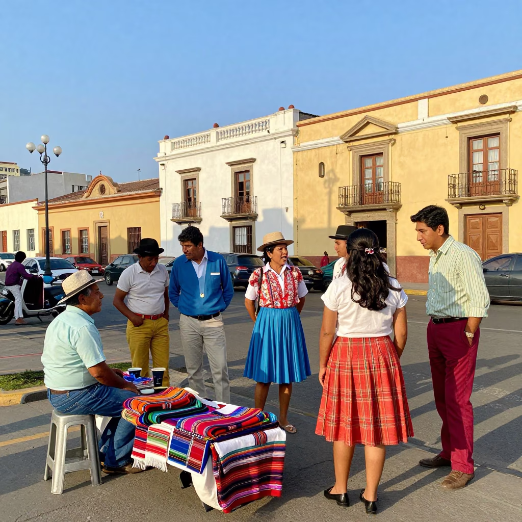 Colorful 1960s Lima Street Scene with Traditional Textiles and Local Market Activity in in Lima, Peru