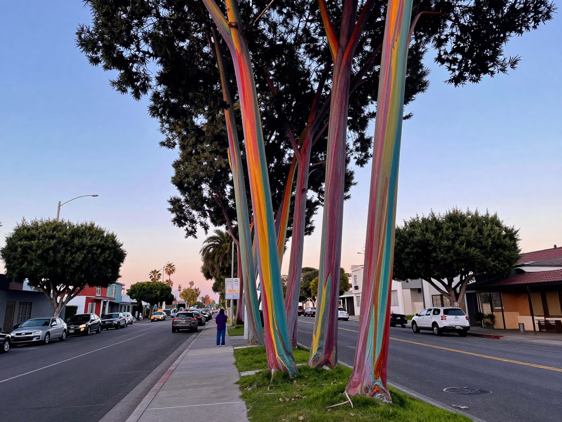 Colorful 1960s Los Angeles Street Scene with Rainbow Eucalyptus Trees Before Sunrise in in Los Angeles, California, United States