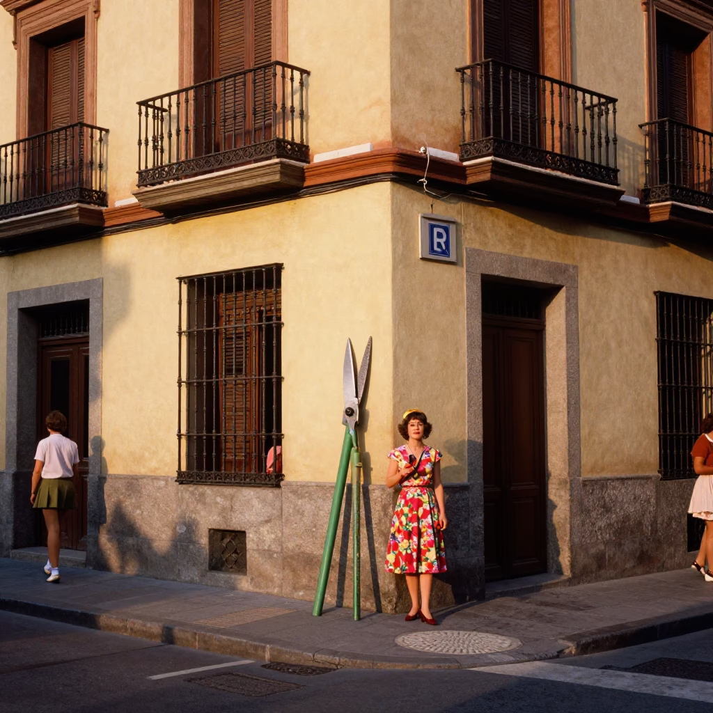 Colorful 1960s Madrid Street Scene with Garden Shears and Traditional Spanish Architecture in in Madrid, Spain