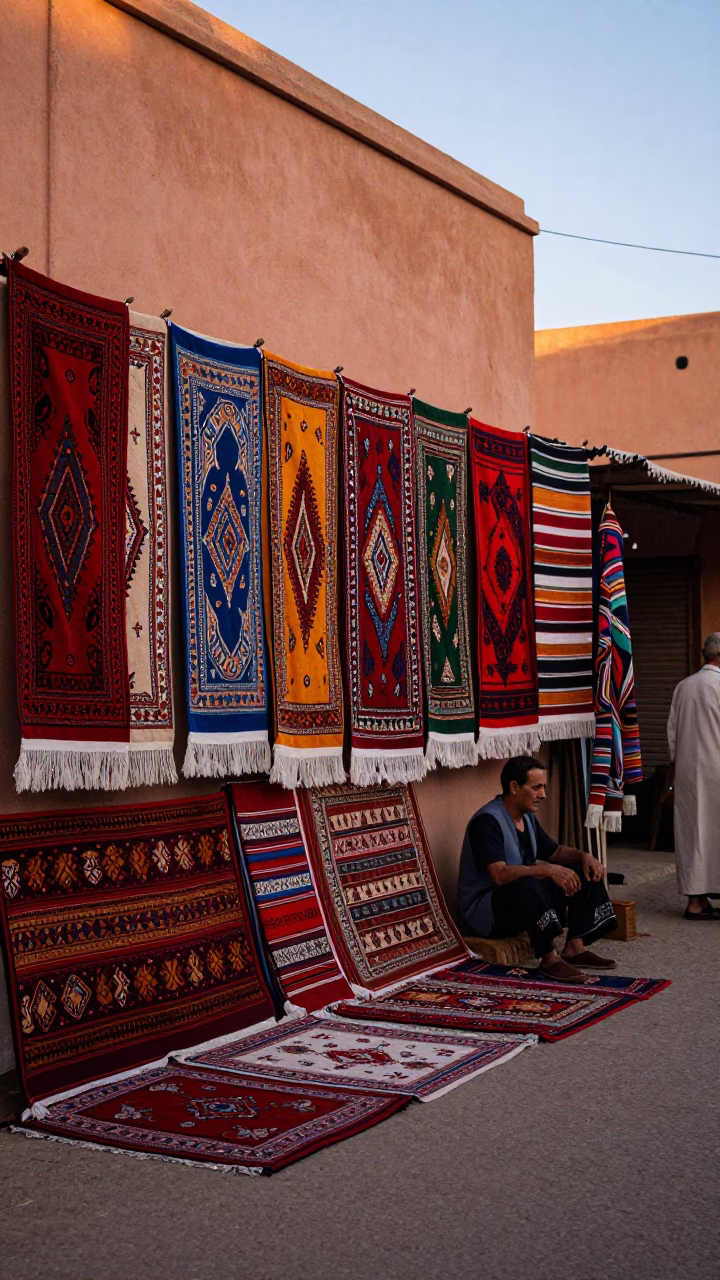 Colorful 1960s Marrakech Evening Street Scene with Linen Runners and Prayer Beads in in Marrakech, Morocco