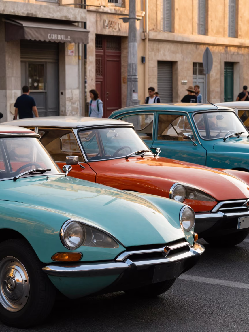 Colorful 1960s Marseille Street Scene with Vintage Cars and Local Life in in Marseille, France