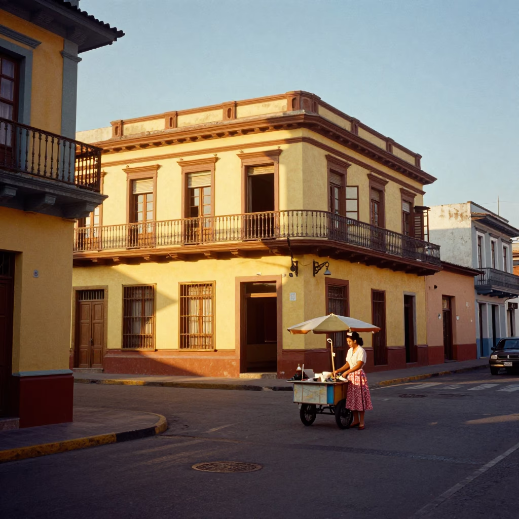 Colorful 1960s Medellin Colombia Golden Hour Street Scene with Vintage Details in in Medellin, Colombia