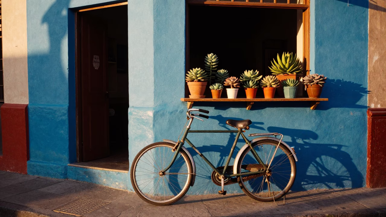 Colorful 1960s Medellin Street Scene with Bicycle and Succulents in Honeyed Evening Light in in Medellin, Colombia