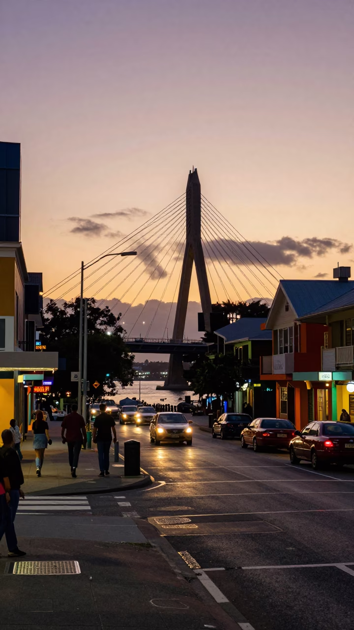 Colorful 1960s Melbourne Street Scene with Cable-Stayed Bridge at Sunset in in Melbourne, Victoria, Australia