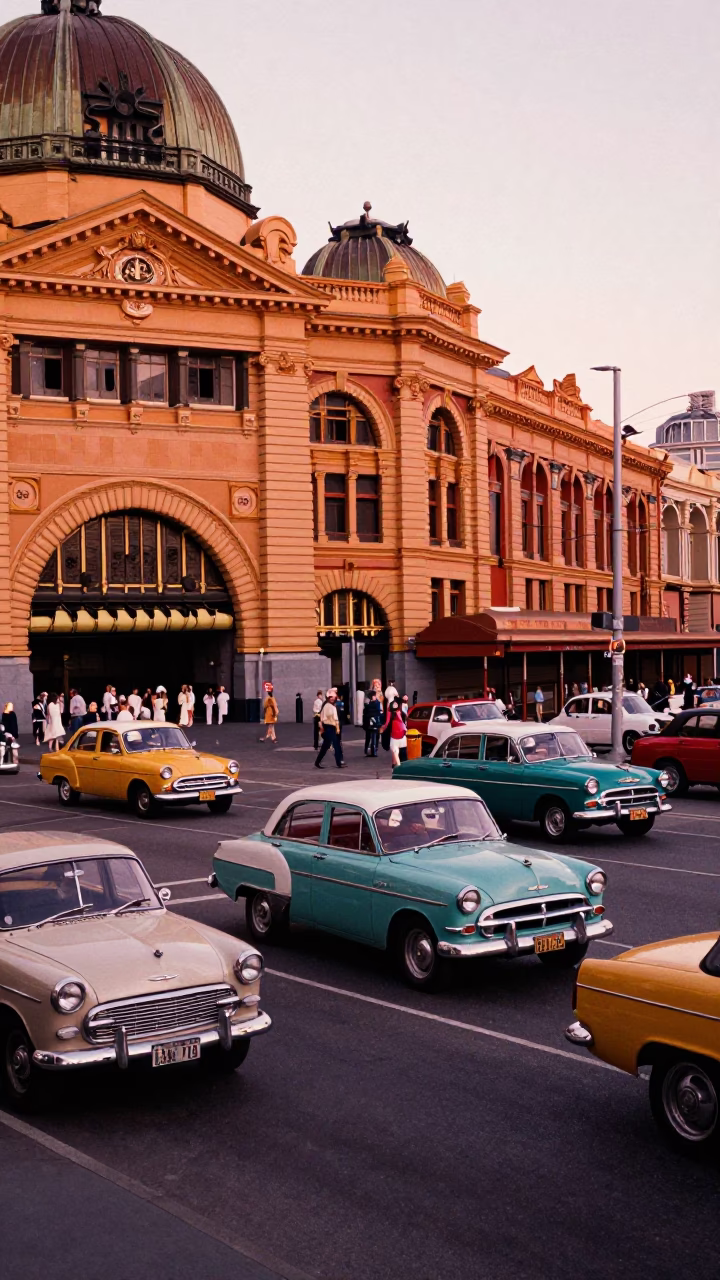 Colorful 1960s Melbourne Street Scene with Vintage Cars and Copper Toned Dusk Light in in Melbourne, Victoria, Australia