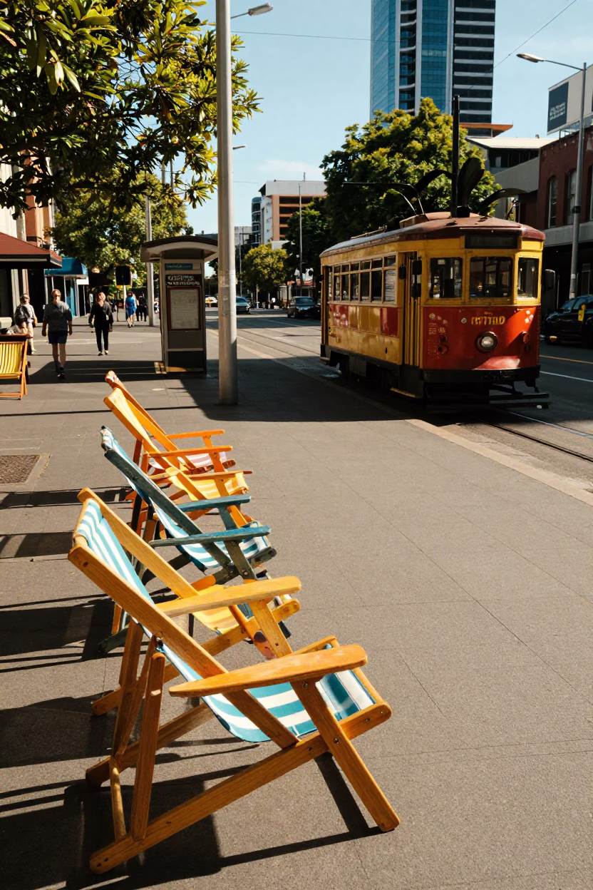 Colorful 1960s Melbourne Street Scene with Vintage Deck Chairs and Local Interaction in in Melbourne, Victoria, Australia