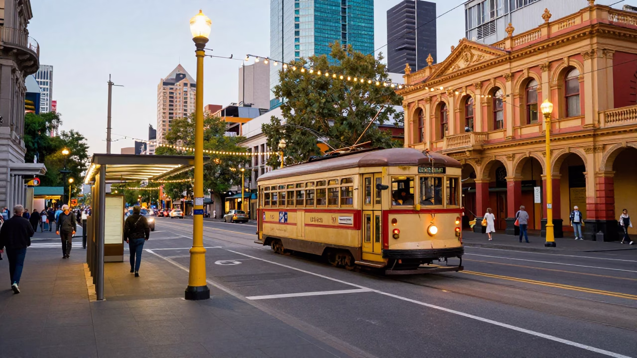 Colorful 1960s Melbourne Tram Stop with String Lights and Vintage Street Scene in in Melbourne, Victoria, Australia