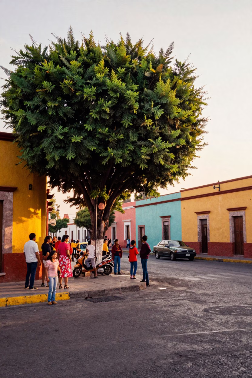Colorful 1960s Merida Mexico Street Scene with Tamarind Tree and Local Market Activity in in Merida, Mexico