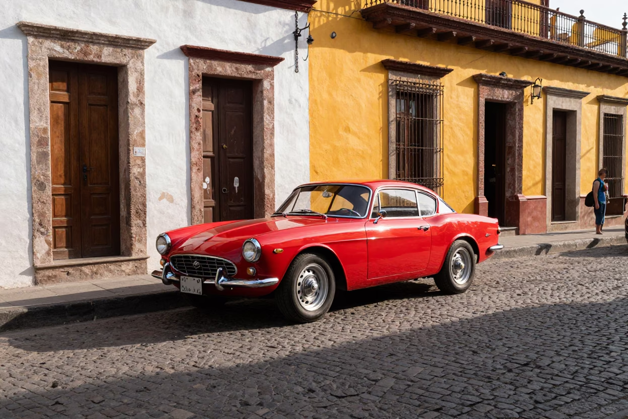 Colorful 1960s Merida Mexico Street Scene with Vintage Red Sports Car and Local Life in in Merida, Mexico