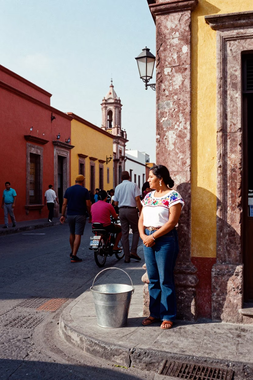 Colorful 1960s Mexico City Street Scene with Metal Bucket and Mending Basket in in Mexico City, Mexico