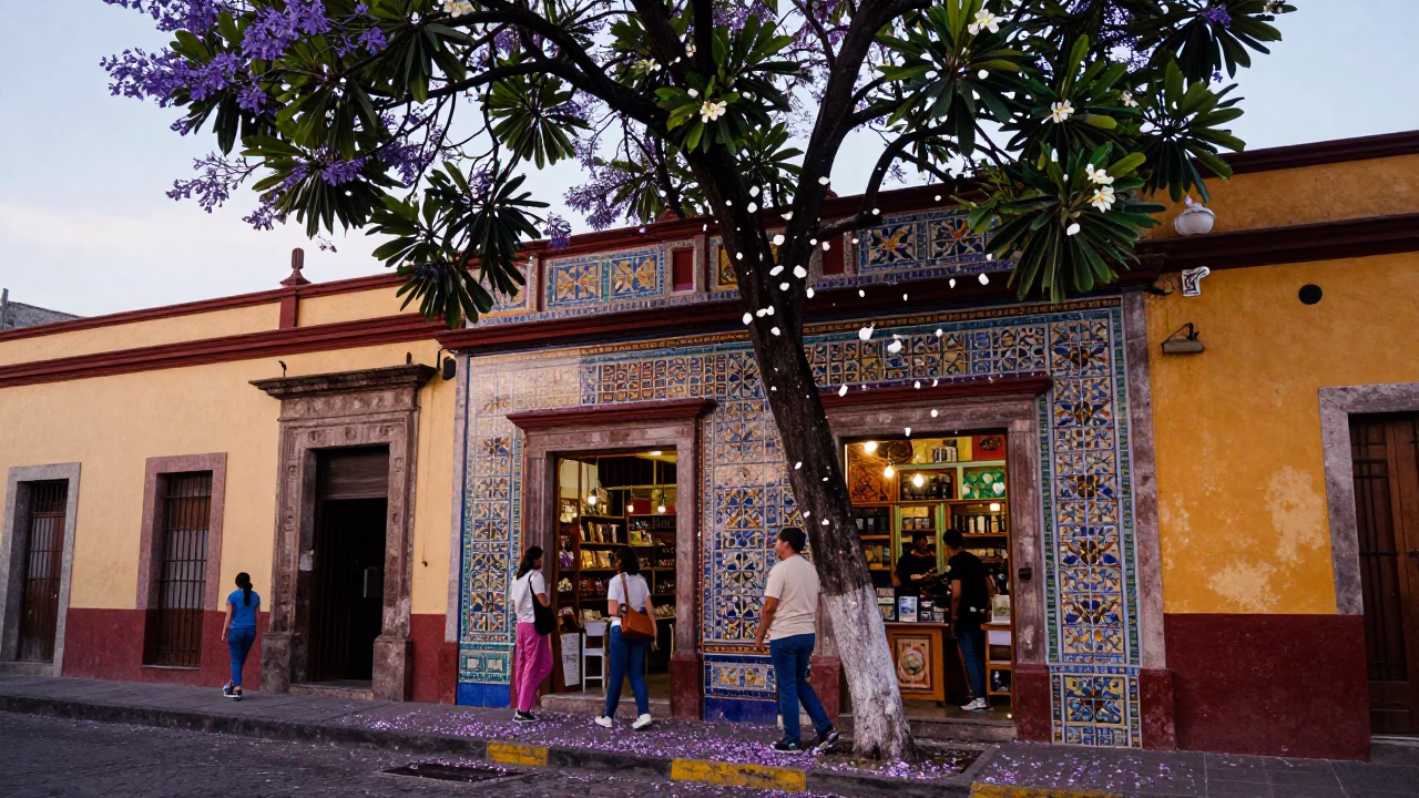 Colorful 1960s Mexico City Street Scene with Plumeria and Jacaranda Blooms in in Mexico City, Mexico