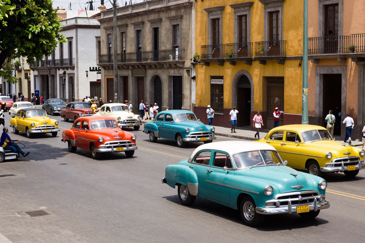 Colorful 1960s Mexico City Street Scene with Vintage Car Rally and Metro Train in in Mexico City, Mexico