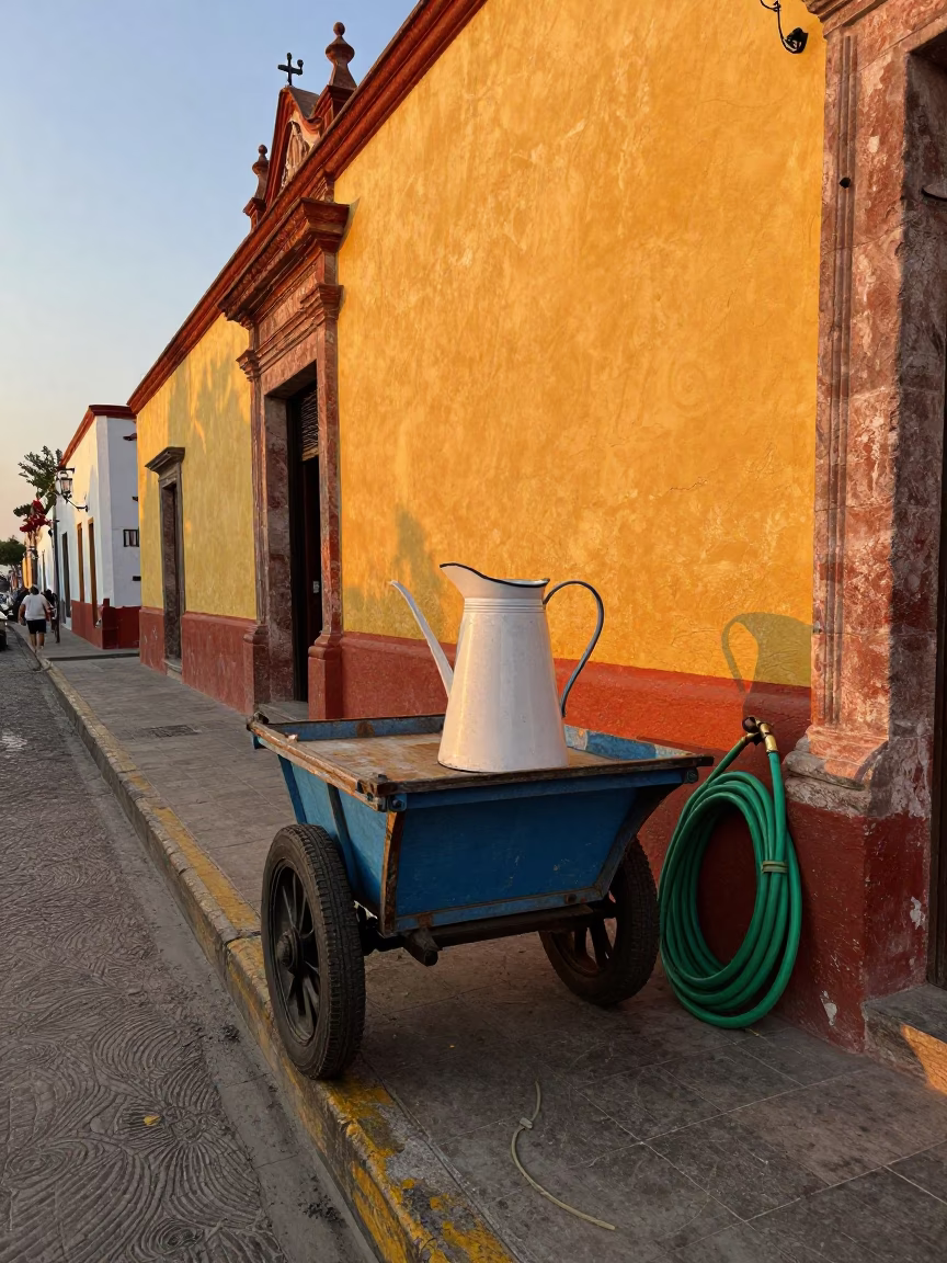 Colorful 1960s Mexico City Street Scene with Vintage Enamel Pitcher and Garden Hose in in Mexico City, Mexico