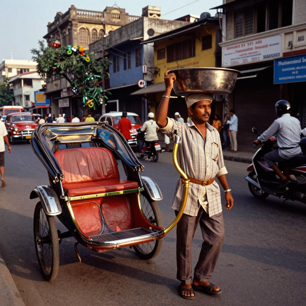 Colorful 1960s Mumbai Street Scene Late Afternoon Light with Brass Handle and Watering Jug in in Mumbai, India