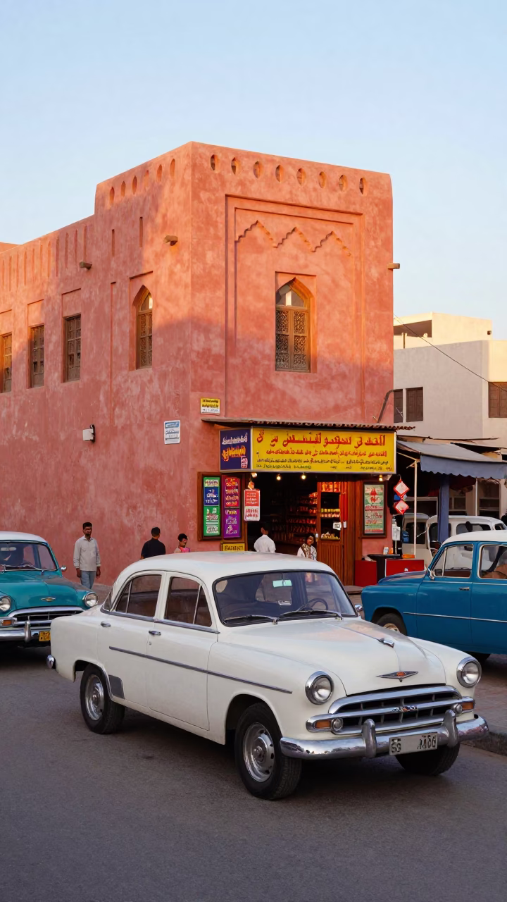 Colorful 1960s Muscat Street Scene with Vintage Vehicles and Traditional Architecture in in Muscat, Oman
