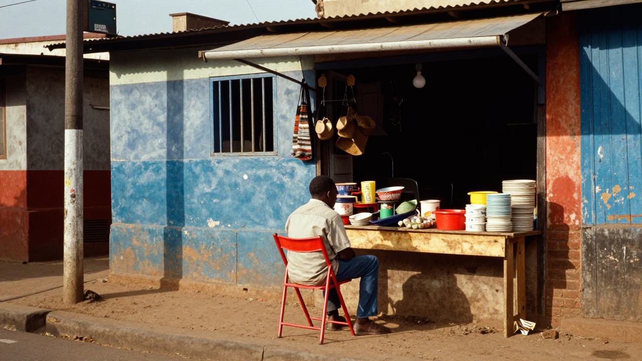Colorful 1960s Nairobi Street Scene with Folding Chair and Iron Deadbolt in in Nairobi, Kenya