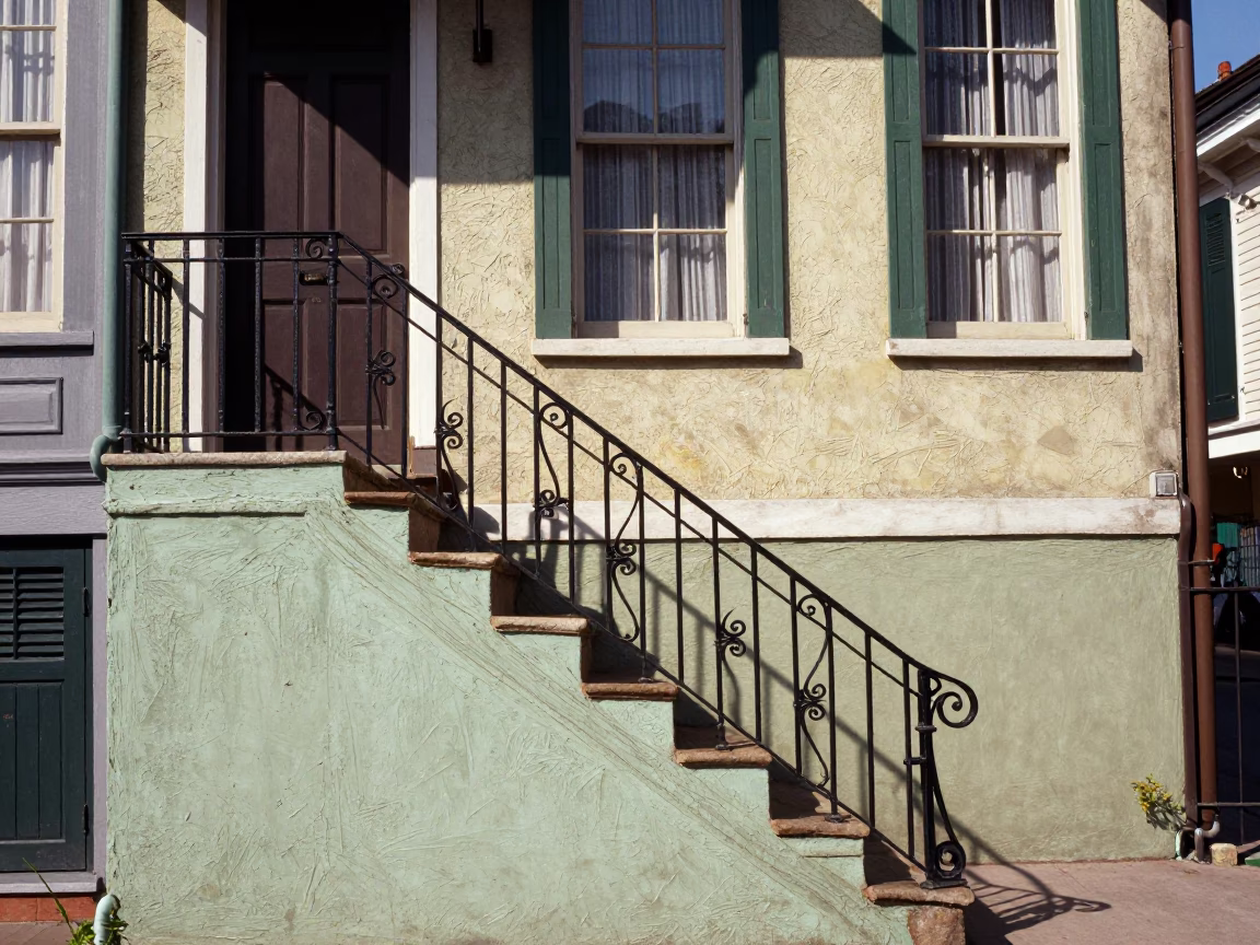 Colorful 1960s New Orleans Street Scene with Stair Rail and Local Life in in New Orleans, Louisiana, United States