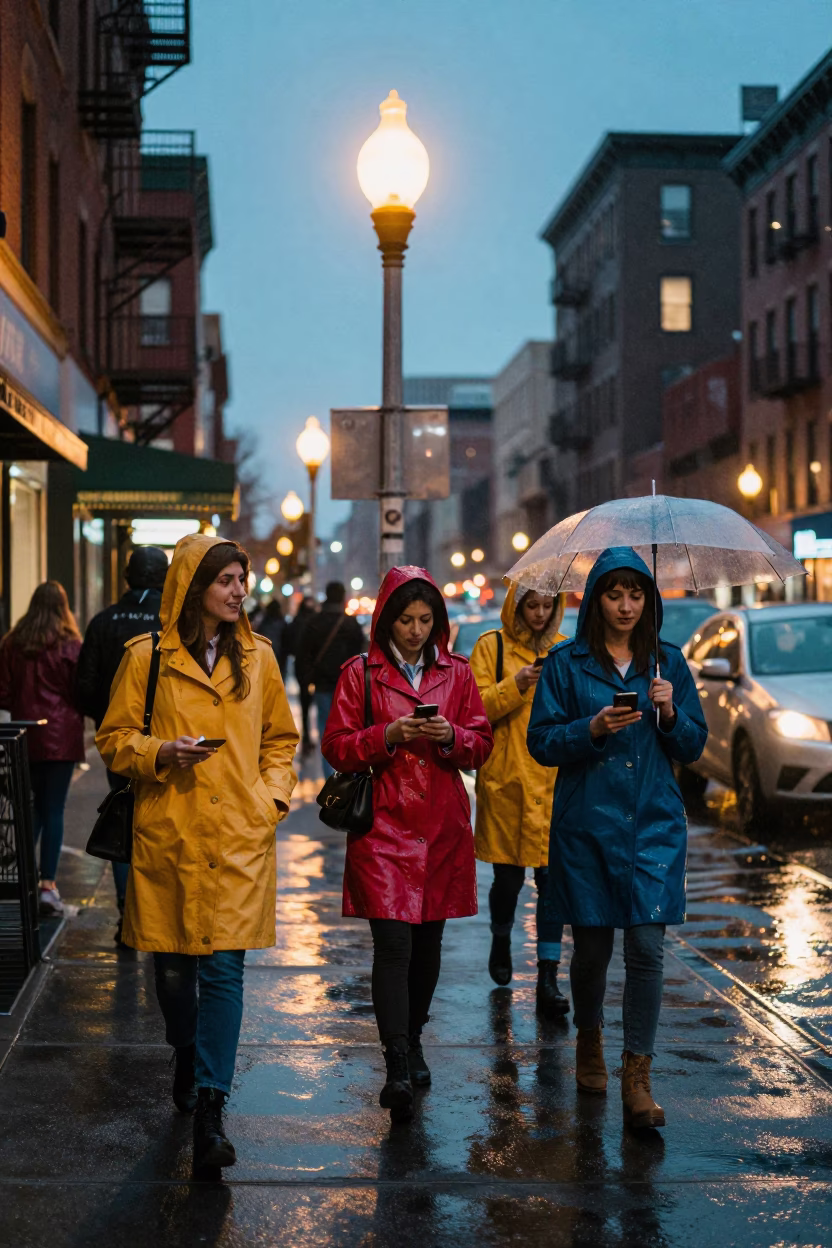 Colorful 1960s New York Street Scene with Raincoats at Blue Hour in in New York, New York, United States
