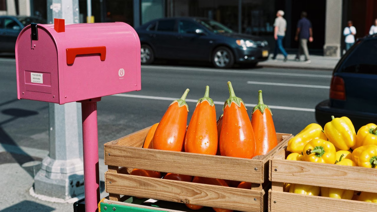 Colorful 1960s New York Street Vendor with Mailbox and Eggplants in in New York, New York, United States